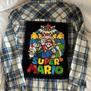 Super Mario hand stitched long sleeve Plaid shirt Blue White & Yellow